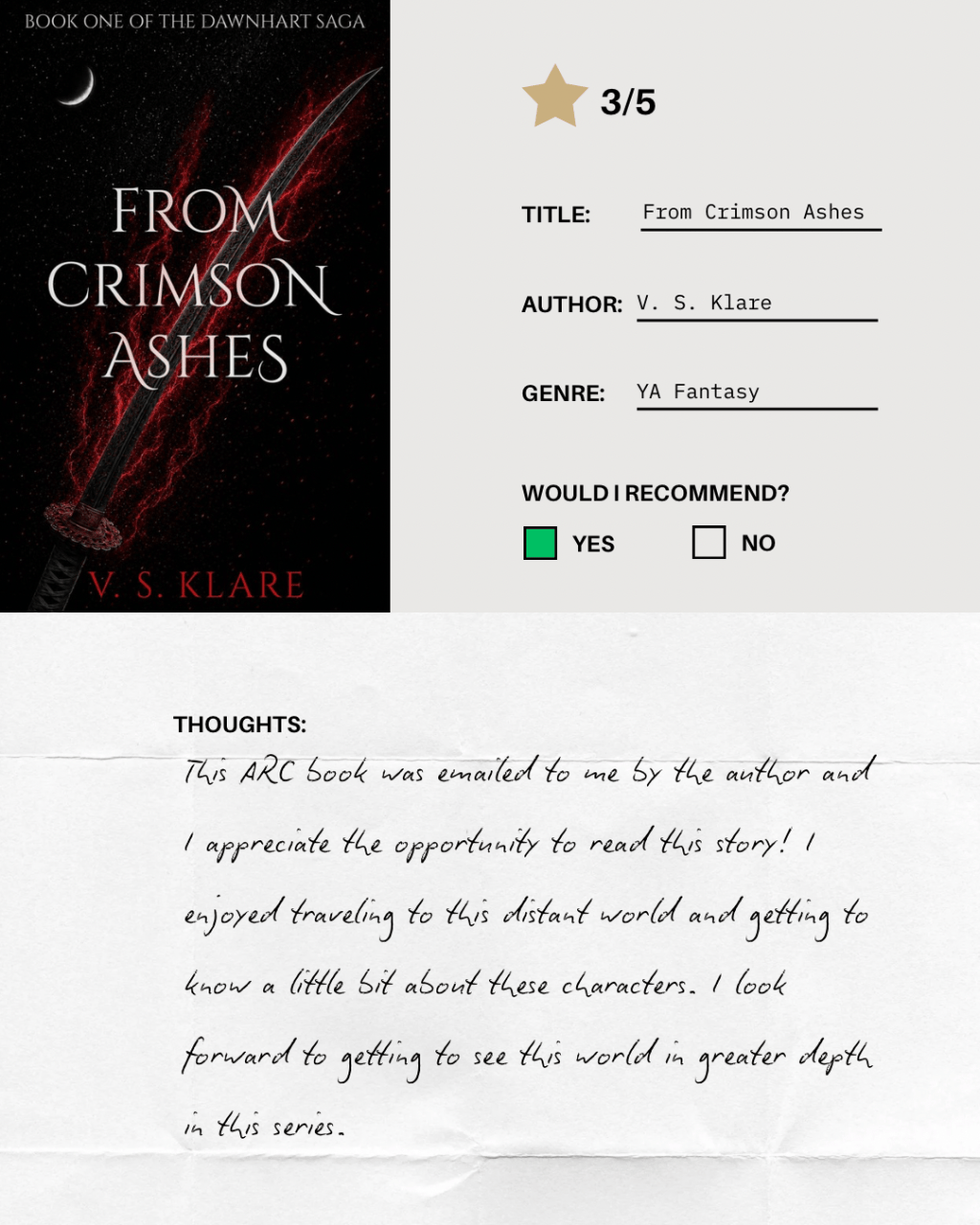 Book Review: “From Crimson Ashes” by V. S. Klare